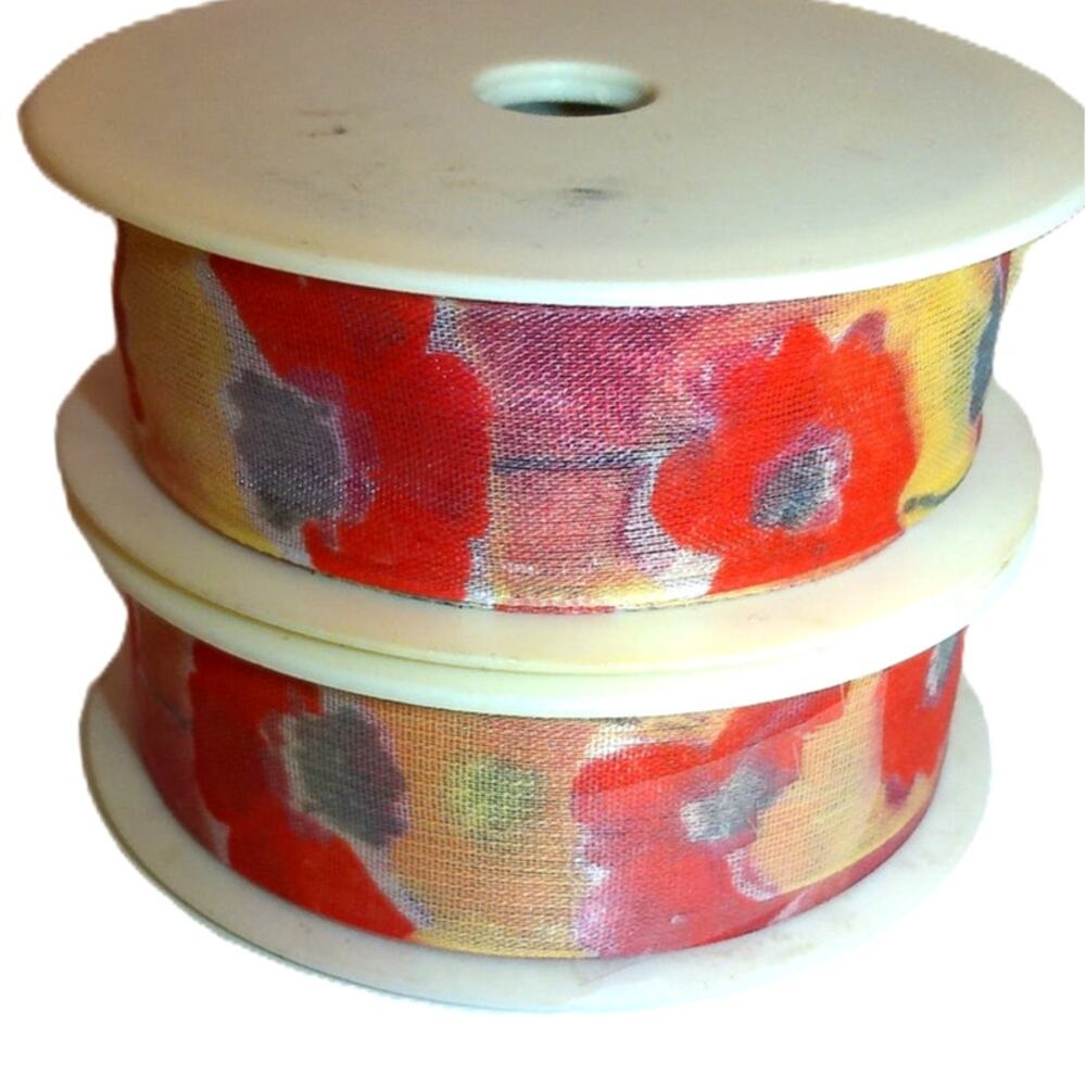Vtg Swiss Floral Watercolor Sheer Ribbon Set 25mm Red Yellow Poppy 30m Total